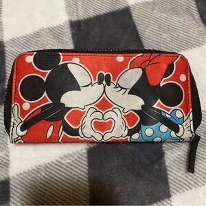 Disney Mickey and Minnie Mouse Live Hearts Polka Dot Red Zipper Wallet